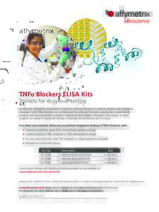 TNFα Blockers ELISA Kits Toolsets for drug-level testing Monitoring therapeutic drug levels is crucial to optimize therapy for patients treated with biologicals. Treatment with TNFα blockers can be hampered by antibody