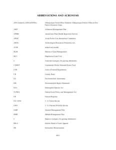 ABBREVIATIONS AND ACRONYMS AFO (formerly ADO & RPRA) Albuqu erque Field Office (formerly Albuqu erque District Office & R io Puerco Resou rce Area)