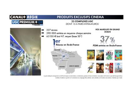 PRODUITS EXCLUSIFS CINEMA 23 COMPLEXES UGC DONT 13 A PARIS INTRA-MUROS 227 écransentrées en moyenne chaque semaine € brut H.T. moyen (base 30’’)