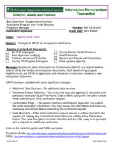 Information Memorandum Transmittal Children, Adults and Families Belit Stockfleth, Supplemental Nutrition Assistance Program and Youth Services