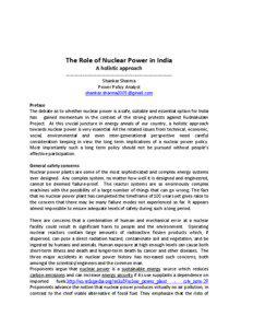 The Role of Nuclear Power in India A holistic approach ---------------------------------------------------------------------Shankar Sharma