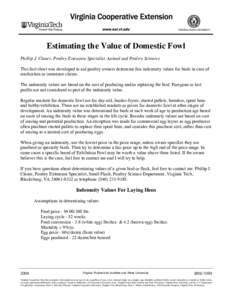 Estimating the Value of Domestic Fowl Phillip J. Clauer, Poultry Extension Specialist, Animal and Poultry Sciences This fact sheet was developed to aid poultry owners determine fair indemnity values for birds in case of
