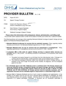 PROVIDER BULLETIN DATE: August 30, 2011  TO: