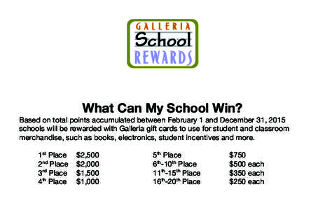 What Can My School Win? Based on total points accumulated between February 1 and December 31, 2015 schools will be rewarded with Galleria gift cards to use for student and classroom merchandise, such as books, electronic