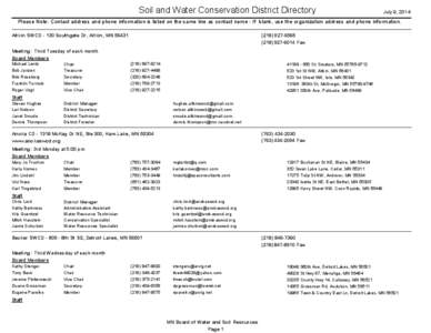 Soil and Water Conservation District Directory  July 9, 2014 Please Note: Contact address and phone information is listed on the same line as contact name - If blank, use the organization address and phone information. A