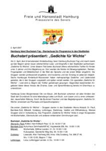 Freie und Hansestadt Hamburg Pressestelle des Senats 2. AprilHamburg feiert Buchstart-Tag - Startschuss für Programme in den Stadtteilen