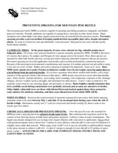 Colorado State Forest Service Insect Information Series MPB #2 PREVENTIVE SPRAYING FOR MOUNTAIN PINE BEETLE The mountain pine beetle (MPB) is an insect capable of attacking and killing ponderosa, lodgepole, and limber