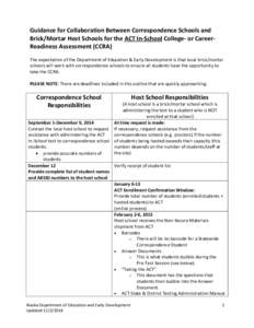 Guidance for Collaboration Between Correspondence Schools and Brick/Mortar Host Schools for the ACT In-School College- or CareerReadiness Assessment (CCRA) The expectation of the Department of Education & Early Developme