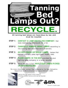 RECYCLE. All tanning bed lamps are hazardous by law and must be recycled. STEP 1: