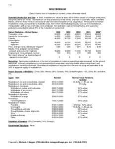 114  MOLYBDENUM (Data in metric tons of molybdenum content, unless otherwise noted) Domestic Production and Use: In 2002, molybdenum, valued at about $270 million (based on average oxide price), was produced by six mines