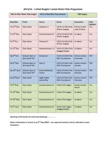 [removed] – Cathal Brugha’s Junior Water Polo Programme Mini & Maxi Water Polo League Mini & Maxi Blitz Tournaments  U14 League