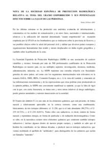 NOTA DE LA SOCIEDAD ESPAÑOLA DE PROTECCION RADIOLÓGICA RELATIVA AL TEMA DEL URANIO EMPOBRECIDO Y SUS POTENCIALES EFECTOS SOBRE LA SALUD DE LAS PERSONAS.