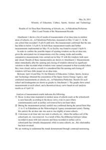 May 26, 2011 Ministry of Education, Culture, Sports, Science and Technology Results of Air Dose Rate Monitoring at Schools, etc., in Fukushima Prefecture (Part 3) and Trends of the Measurement Results Attachment 1 shows 