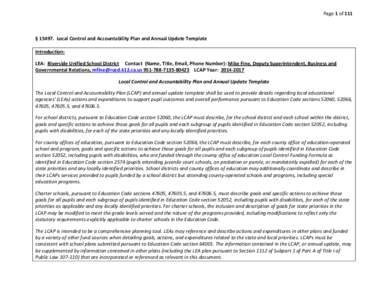 Page 1 of 111  § [removed]Local Control and Accountability Plan and Annual Update Template Introduction: LEA: Riverside Unified School District Contact (Name, Title, Email, Phone Number): Mike Fine, Deputy Superintendent,