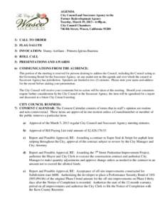 AGENDA City Council and Successor Agency to the Former Redevelopment Agency Tuesday, March 19, 2013 – 6:00p.m. City Council Chambers 746 8th Street, Wasco, California 93280