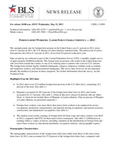 FOREIGN-BORN WORKERS: LABOR FORCE CHARACTERISTICS—2012