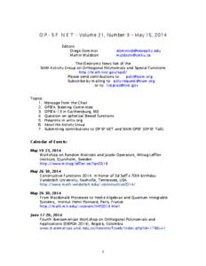 O P - S F N E T - Volume 21, Number 3 – May 15, 2014 Editors: Diego Dominici Martin Muldoon  [removed]