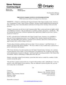 News Release Communiqué Ministry of the Attorney General  Ministère du