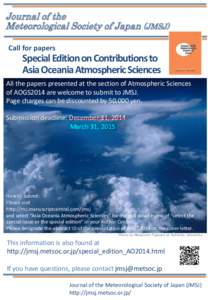 Journal of the Meteorological Society of Japan (JMSJ) Call for papers Special Edition on Contributions to Asia Oceania Atmospheric Sciences