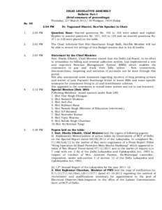 DELHI LEGISLATIVE ASSEMBLY Bulletin Part-I (Brief summary of proceedings) Thursday, 21st MarchPhalgun, 1934 (Saka) NoPM