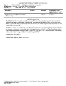 HOUSE OF REPRESENTATIVES STAFF ANALYSIS BILL #: PCS for HB 849 Building Construction and Inspection SPONSOR(S): Business & Consumer Affairs Subcommittee TIED BILLS: IDEN./SIM. BILLS: CS/CS/HB 396