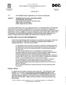 DEPARTMENT OF ENVIRONMENTAL QUALITY Beecher Metropolitan District, Genesee County Drinking Water Revolving Fund (DWRF) Categorical Exclusion April 2014