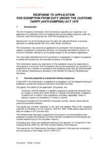 Received 18 December[removed]RESPONSE TO APPLICATION FOR EXEMPTION FROM DUTY UNDER THE CUSTOMS TARIFF (ANTI-DUMPING) ACT[removed]