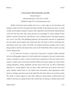 Montoya  CS 431 Vertical Search, Meta Information, and XML Reaction Paper 1