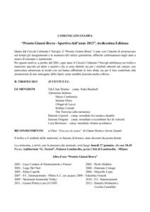 ! ! COMUNICATO STAMPA ! “Premio Gianni Brera - Sportivo dell’anno 2013”, tredicesima Edizione !