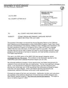 STATE OF CALIFORNIA - HEALTH AND HUMAN SERVICES AGENCY  ARNOLD SCHWARZENEGGER, Governor DEPARTMENT OF SOCIAL SERVICES 744 P Street, Sacramento, California 95814