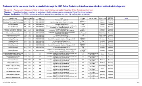 Textbooks for the courses on this list are available through the NMC Online Bookstore - http://bookstore.mbsdirect.net/methodistcollege.htm Please note - Prices are not indicated on this list as New & Used options are av