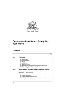 New South Wales  Occupational Health and Safety Act 2000 No 40 Contents Page