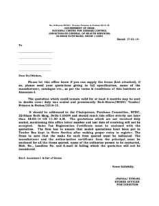 No. 6-Stores/NCDC/ Tender/Primers & Probes[removed]GOVERNMENT OF INDIA NATIONAL CENTRE FOR DISEASE CONTROL (DIRECTORATE GENERAL OF HEALTH SERVICES) 22-SHAM NATH MARG, DELHI[removed]