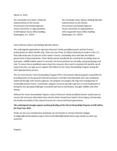 March 31, 2014 The Honorable Ken Calvert, Chairman Subcommittee on the Interior, Environment and Related Agencies House Committee on Appropriations B-308 Rayburn House Office Building