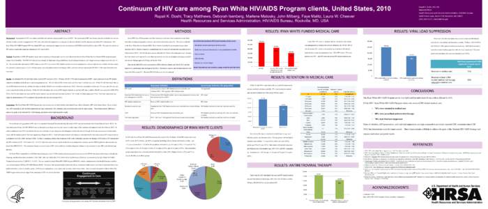 Continuum of HIV care among Ryan White HIV/AIDS Program clients, United States, 2010  Rupali K. Doshi, MD, MS Medical Officer Health Resources and Services Administration, HIV/AIDS Bureau 5600 Fishers Lane, Room 7-59, Ro