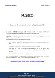 Communiqué de presse  Jeudi 5 mars 2015 Classement 2014 des Conseils en Fusions-Acquisitions de PME