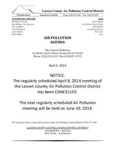 Lassen County Air Pollution Control District 720 South Street Susanville, CA[removed]Phone: ([removed] ‫ ٭‬Fax: ([removed]