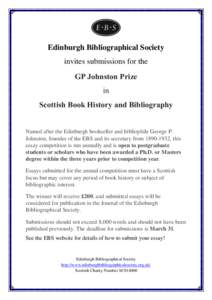 Edinburgh Bibliographical Society invites submissions for the GP Johnston Prize in Scottish Book History and Bibliography