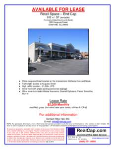 AVAILABLE FOR LEASE Retail Space – End Cap 912 +/- SF (rentable) (Formerly United Community BankAugusta Street