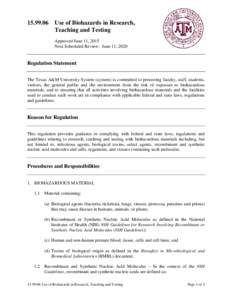 Use of Biohazards in Research, Teaching and Testing Approved June 11, 2015 Next Scheduled Review: June 11, 2020