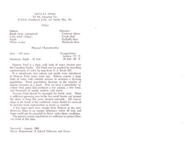 DUNCAN POND T4 R4, Somerset Co. U.S.G.S. Penobscot Lake and Sandy Bay, Me. Fishes Salmon Brook trout (squaretail)