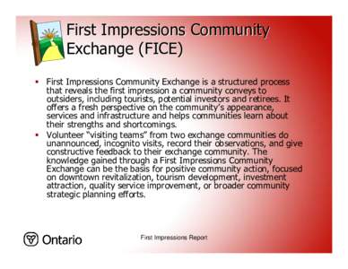 First Impressions Community Exchange (FICE)  First Impressions Community Exchange is a structured process that reveals the first impression a community conveys to outsiders, including tourists, potential investors and r