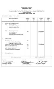 Republic of the Philippines  PROVINCE OF CAPIZ PROGRAMMED APPROPRIATION AND OBLIGATION BY OBJECT OF EXPENDITURE PDAF UTILIZATION For the Quarter Ending June 30, 2013