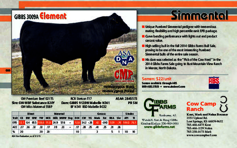 ■ Unique Purebred Simmental pedigree with tremendous mating flexibility and high percentile rank EPD package. ■ Curve bending performance with lights out end product carcass value. ■ High-selling bull in the Fall 2