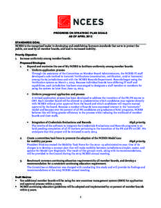 PROGRESS ON STRATEGIC PLAN GOALS AS OF APRIL 2013 STANDARDS GOAL NCEES is the recognized leader in developing and establishing licensure standards that serve to protect the public, are used by all member boards, and lead