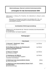 Diplomstudiengang ›Historisch orientierte Kulturwissenschaften‹  Lehrangebot für das SommersemesterAbkürzungen: V = Vorlesung, PS = Proseminar, OS = Oberseminar, Ü = Übung, K = praxisrelevanter Kurs) Ände