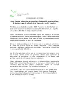 COMMUNIQUÉ OFFICIEL  Annie Gagnon, animatrice de la populaire émission J.E. pendant 12 ans, devient porte-parole officielle de la Maison des greffés Lina Cyr. Montréal, le vendredi 26 septembre[removed]L’annonce vien