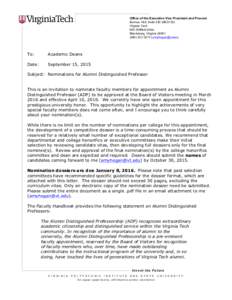 Office of the Executive Vice President and Provost Burruss Hall, Suite 330 (MC0132) Virginia Tech 800 Drillfield Drive Blacksburg, Virginia3273 | 