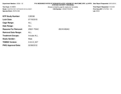 Experiment Number: [removed]P18: INCIDENCE RATES OF NON-NEOPLASTIC LESIONS BY ANATOMIC SITE (a) WITH AVERAGE SEVERITY GRADES[b]  Test Type: 39-WEEK