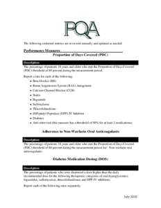 The following endorsed metrics are reviewed annually and updated as needed.  Performance Measures__________________________________ Proportion of Days Covered (PDC) Description The percentage of patients 18 years and old